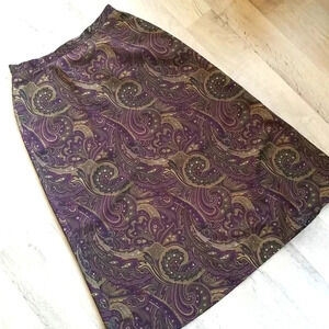 Vintage 90s Paisley Brocade Midi Skirt Purple Green Medium